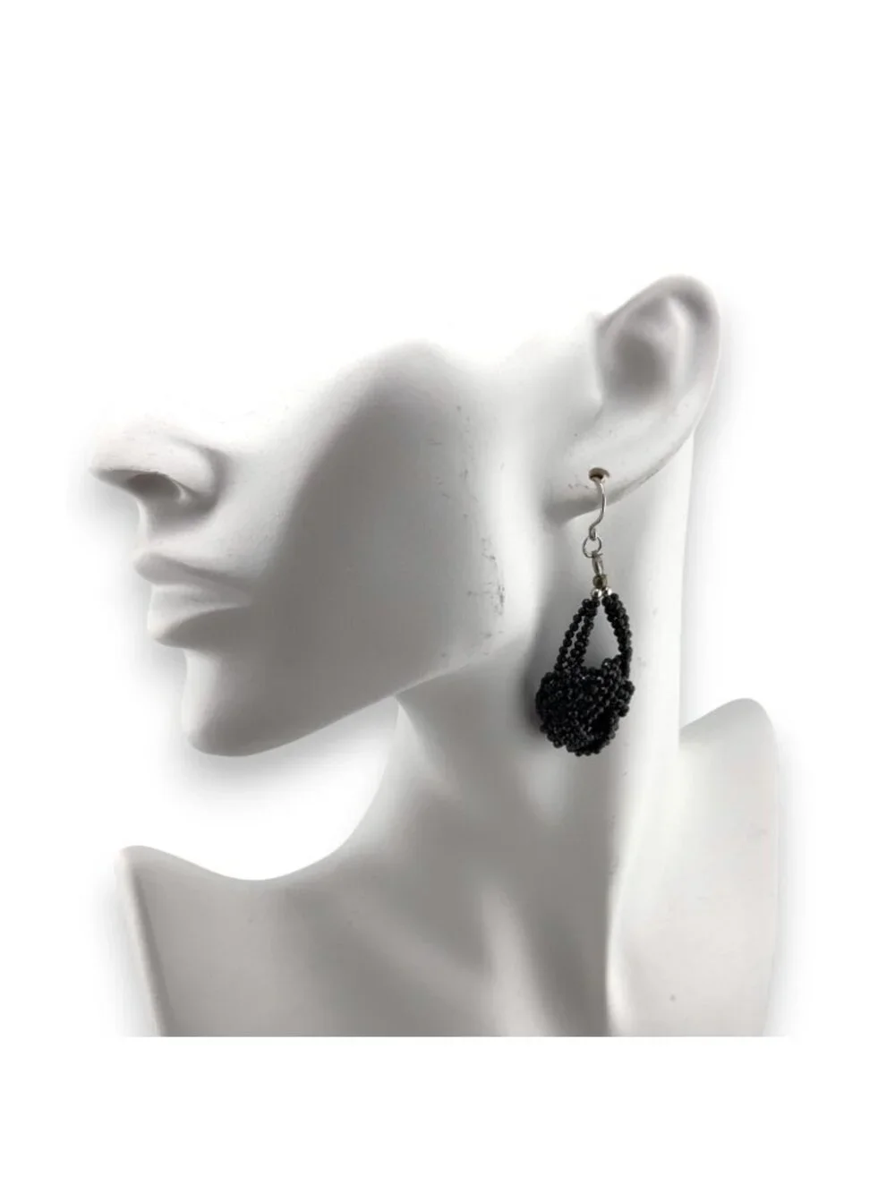 Vintage Black Faceted Beaded Earrings Elegant Openwork Sculptural Dangle 2.5